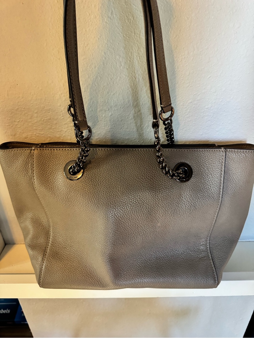 Coach Pebbled Leather Tote in Taupe with Gunmetal Chain Accents